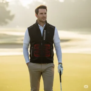 Golfer wearing a sleek heated golf vest on a chilly morning, ready for a comfortable round.