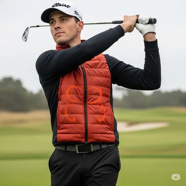 Maintain a smooth golf swing with a lightweight heated vest, offering warmth and flexibility.