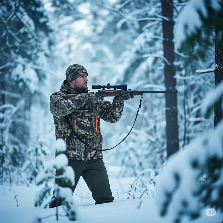 Hunter in a camouflage heated hunting jacket aiming a rifle in a snowy forest.