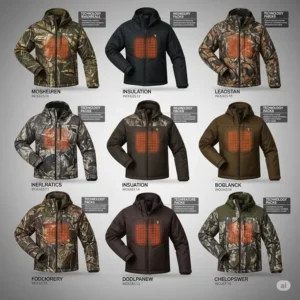 Collection of various styles and camouflage patterns available for heated hunting jackets.