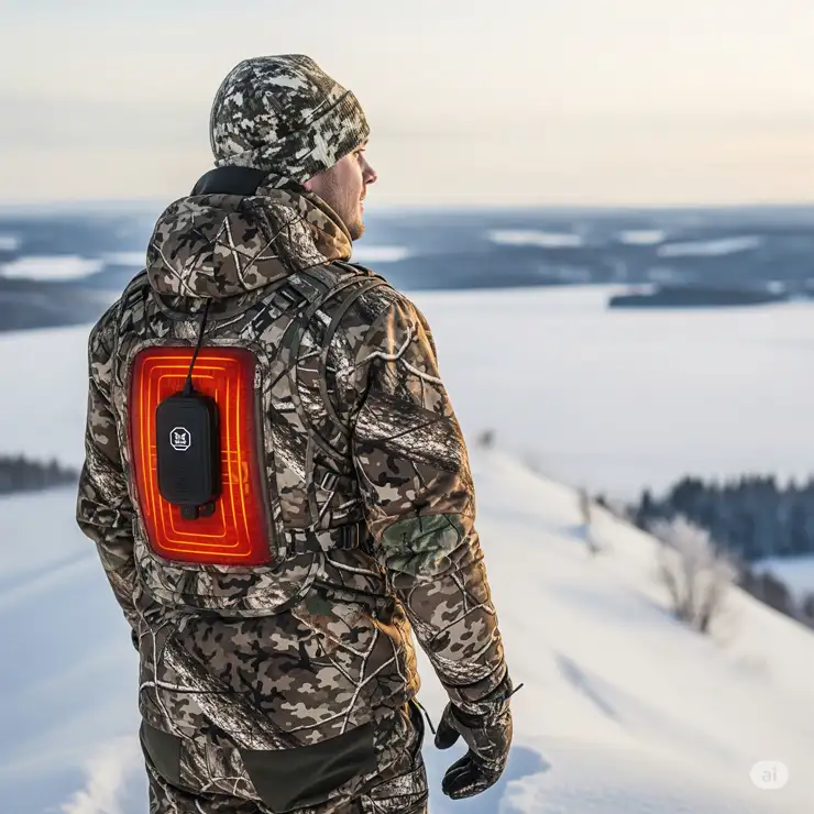 Hunter in a camouflage heated hunting vest overlooking a snowy landscape, showcasing warmth and comfort.