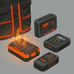 Battery pack and control panel of a heated work jacket, illustrating power source and temperature settings.