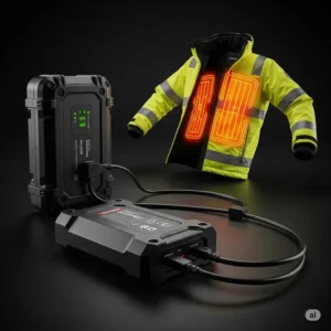 Image depicting the durable battery pack powering a high visibility heated jacket, indicating long-lasting warmth.