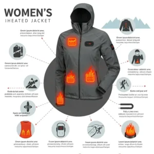 Infographic illustrating the key benefits of a women's heated jacket, such as warmth, comfort, and versatility.