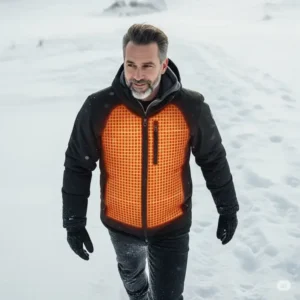Hunter staying comfortable and warm in freezing temperatures with an advanced heated hunting jacket.