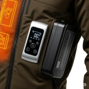 Close-up of a heated hunting jacket's temperature control panel and rechargeable battery pack.