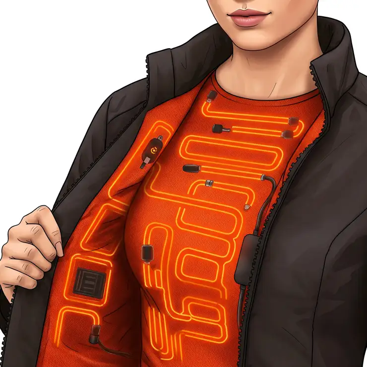 Close-up illustration highlighting the strategically placed heating elements inside a women's heated jacket. Women's Heated Jackets