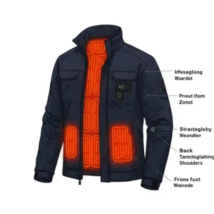 Illustration showing different heat zones within a heated work jacket, targeting key areas for warmth
