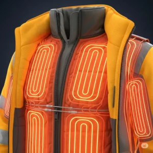 Close-up illustration showing the internal heating elements of a high visibility heated jacket, highlighting their strategic placement.