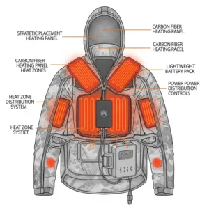 Diagram illustrating the strategic placement of heating elements inside a heated hunting jacket for optimal warmth.