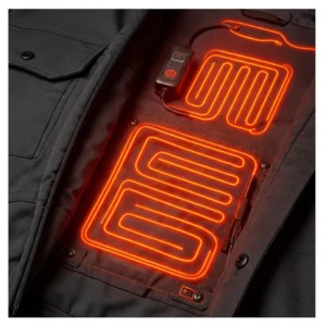 Close-up view of the integrated heating elements inside a heated work jacket, showcasing the technology