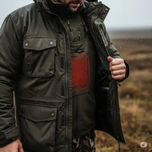 Hunter layering a heated hunting jacket under waterproof outerwear for maximum warmth and protection.