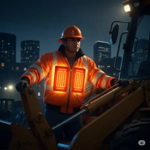 Illustration of a worker wearing a high visibility heated jacket at night, showcasing its effectiveness in low-light conditions.