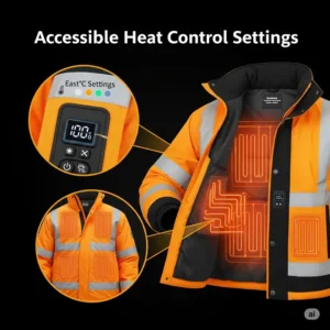 Graphic illustrating the accessible heat control settings on a high visibility heated jacket, allowing users to adjust warmth.