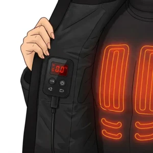 Illustration showing the easy-to-use temperature control panel on a women's heated jacket.