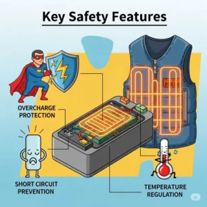 Advanced safety features built into the battery for heated vest, protecting against overcharge and ensuring reliable operation.
