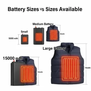 Variety of battery sizes and capacities available for heated vests, catering to different warmth durations.