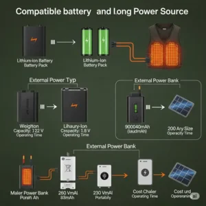 Various compatible battery types and power sources for the best heated hunting vests, offering long-lasting warmth.