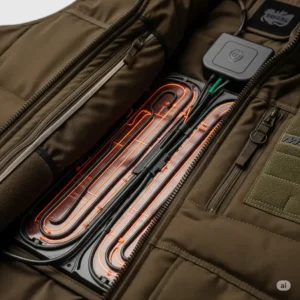 Close-up of a heated hunting vest highlighting the internal heating elements and wiring for optimal warmth.