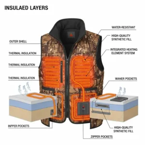 Diagram illustrating the insulated layers and construction of a heated hunting vest for superior warmth retention.