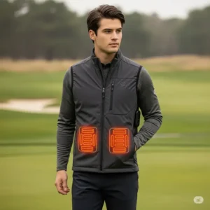 Easily adjust the temperature settings on your heated golf vest for personalized comfort on the course.