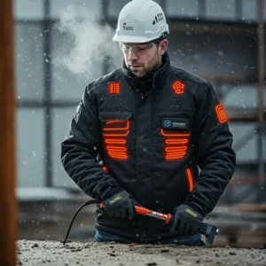 Worker comfortably wearing a heated work jacket while working outdoors in a cold environment