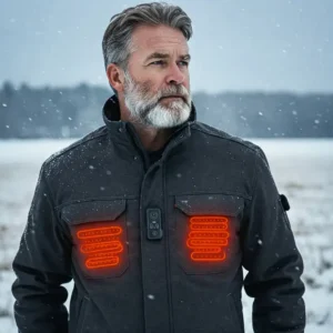 Man wearing a durable heated work jacket outdoors in cold weather, providing warmth and comfort