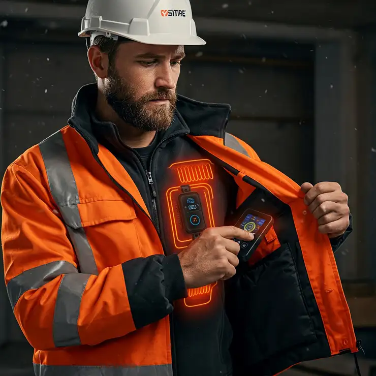 Water-resistant symbol on a heated work jacket, indicating its suitability for various work conditions