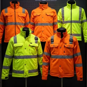 Display of hi vis heated jackets in various high-visibility colors like orange and yellow, ensuring safety.