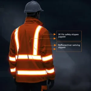  Illustration highlighting the tough, durable material used in a hi vis heated jacket, built to withstand demanding jobs.