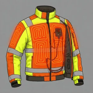  Illustration showing the strategically placed heating elements inside a hi vis heated jacket, highlighting warmth distribution.
