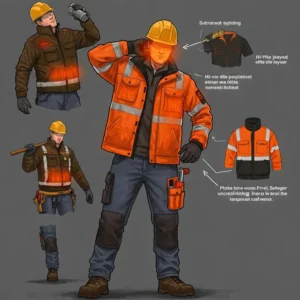 Illustration showing how a hi vis heated jacket can be effectively layered with other workwear for added warmth and flexibility.