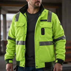 A person wearing a bright yellow hi vis heated jacket, ideal for staying warm and visible in demanding work environments.