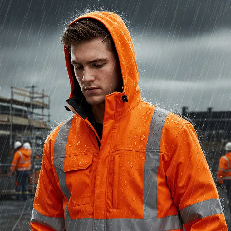 Illustration demonstrating the water-resistant feature of a hi vis heated jacket, protecting against wet conditions.