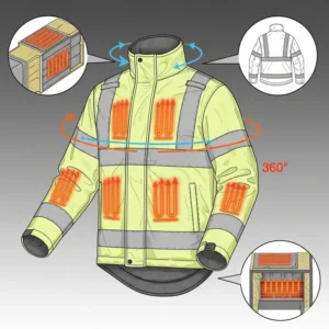 Diagram illustrating the reflective tape and fluorescent fabric of a high visibility heated jacket, emphasizing 360-degree visibility