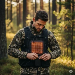 Hunter in a forest setting adjusting the temperature settings or battery pack on their best heated hunting vest.