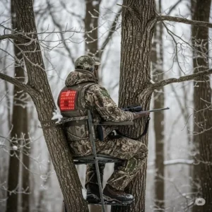 Hunter comfortably waiting in a tree stand in cold weather, relying on a top-rated heated hunting vest for warmth.