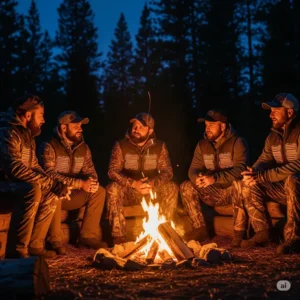 Group of hunters gathered around a campfire, discussing the benefits of their best heated hunting vests for chilly excursions.