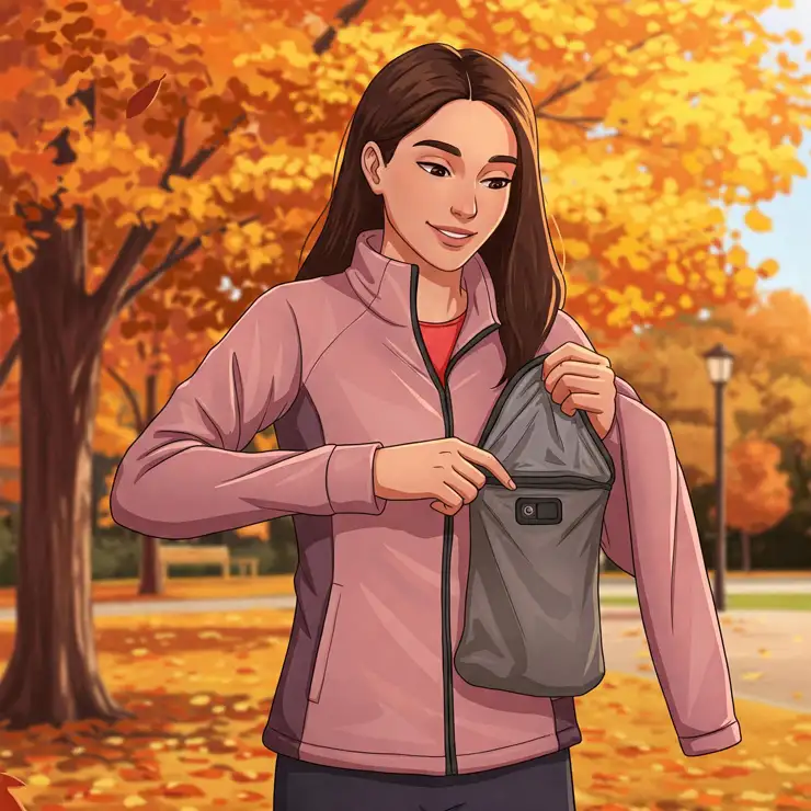 Illustration demonstrating the lightweight and easily packable nature of a women's heated fleece jacket.