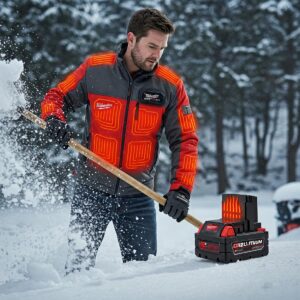 Milwaukee M12 REDLITHIUM battery powering a men's heated jacket with adjustable heat settings.