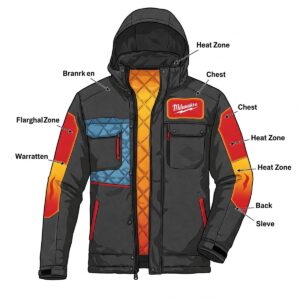 Illustration showing various heat zones in a men's Milwaukee jacket for targeted warmth.