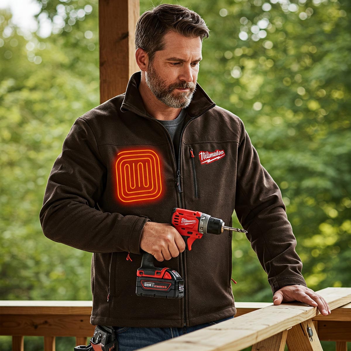 Man comfortably working outdoors wearing a warm men's Milwaukee heated jacket.