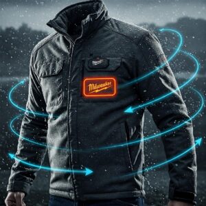 Water droplets and wind arrows illustrating the weather resistance of a men's Milwaukee heated jacket.