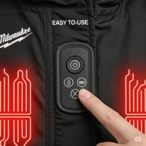 Close-up of the easy-to-use control button on a women's Milwaukee heated vest, showing options for adjusting heat settings to personalize comfort levels.