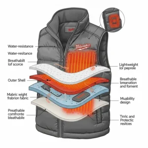 Technical illustration detailing the durable, lightweight, and water-resistant fabric construction of the women's Milwaukee heated vest, designed for protection and mobility.