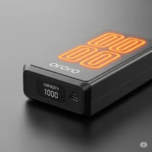 The compact and powerful battery pack for the Ororo heated vest, showing its charging port and capacity, crucial for long-lasting warmth