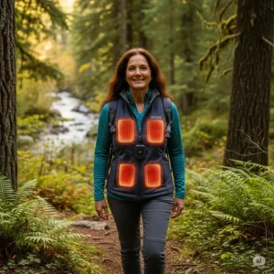 A person enjoying the warmth of an Ororo heated vest while hiking, illustrating its practical use for outdoor activities as described in our review