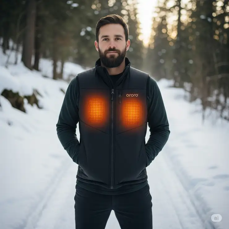 An Ororo heated vest being worn by a person outdoors, showcasing its design and warmth. This image is part of an in-depth Ororo heated vest review
