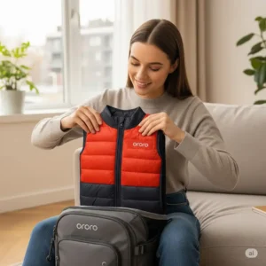 A person folding an Ororo heated vest, demonstrating its packability and suitability for travel, a convenient feature for many users