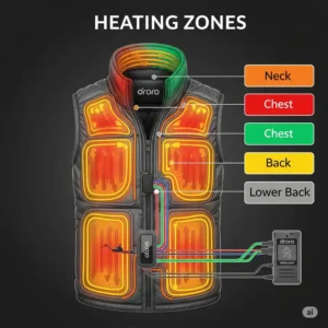A clear diagram outlining the different heating zones of the Ororo heated vest, explaining where the heat is distributed for optimal comfort
